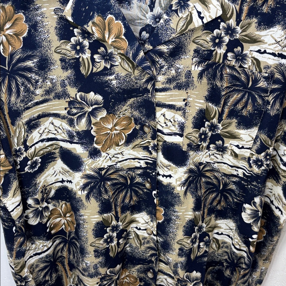 Karen Scott Classic Hawaiian Tropical Floral Navy & Brown Button Down Shirt XL - Picture 4 of 6